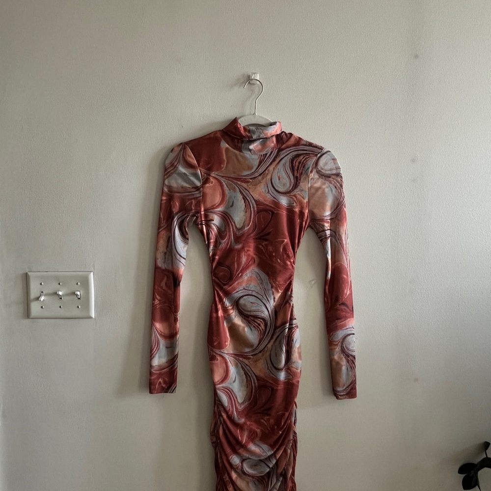 AKIRA Swirl Long Sleeve Dress in Red and Cream